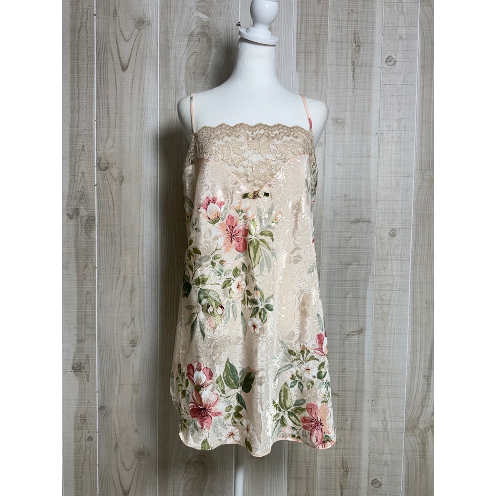 VTG California Dynasty Floral Satin Lace Chemise Nightgown Champagne Medium